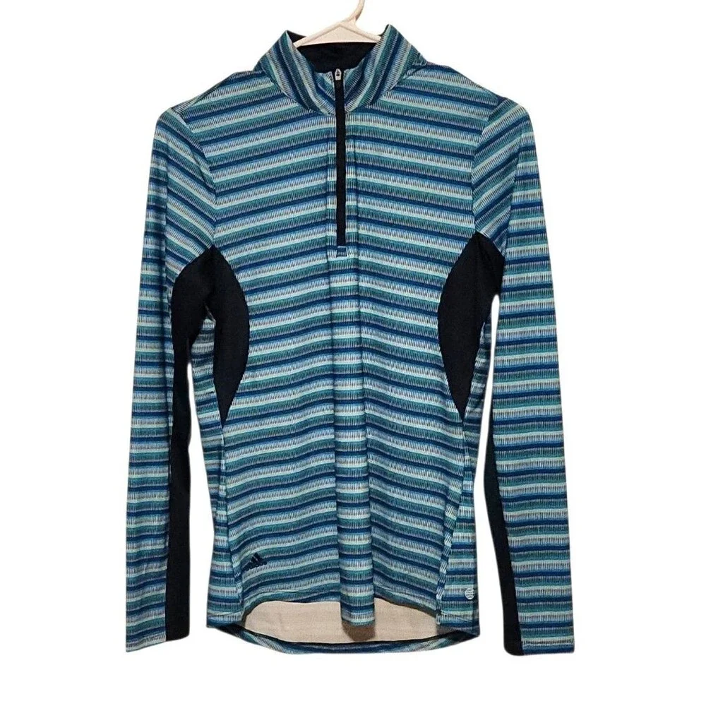 Adidas Athletic Top 1/4 Zip Long Sleeve Mock Neck Blue Teal Stripe Womens Size S